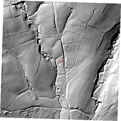 Shaded relief map of the ground around TN219AP, computed from Environment Agency LiDAR. The ground here sits at about 65 m above sea level and falls 41 m across the surrounding 800 m. Surface water reaching this point runs off ground lying to the north-north-east, 32.6 m higher.