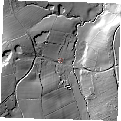 Shaded relief map of the ground around TN219HB, computed from Environment Agency LiDAR. The ground here sits at about 42 m above sea level and falls 34 m across the surrounding 800 m. Surface water reaching this point runs off ground lying to the west, 23.5 m higher.