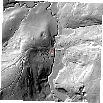 Shaded relief map of the ground around TN219JJ, computed from Environment Agency LiDAR. The ground here sits at about 59 m above sea level and falls 88 m across the surrounding 800 m. Surface water reaching this point runs off ground lying to the west-south-west, 39.3 m higher.