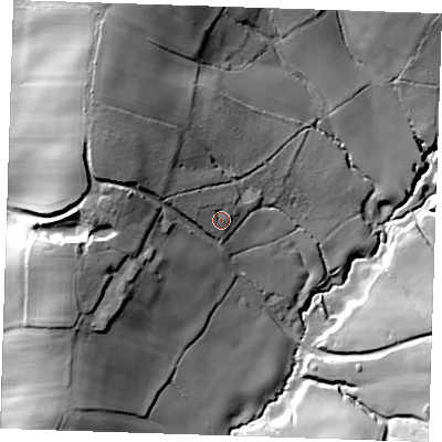 Shaded relief map of the ground around TN219PX, computed from Environment Agency LiDAR. The ground here sits at about 66 m above sea level and falls 45 m across the surrounding 800 m. Surface water reaching this point runs off ground lying to the north-west, 9.2 m higher.