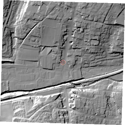 Shaded relief map of the ground around TN221AG, computed from Environment Agency LiDAR. The ground here sits at about 21 m above sea level and falls 32 m across the surrounding 800 m. Surface water reaching this point runs off ground lying to the north-north-east, 25.3 m higher.