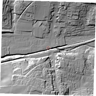 Shaded relief map of the ground around TN221AZ, computed from Environment Agency LiDAR. The ground here sits at about 19 m above sea level and falls 35 m across the surrounding 800 m. Surface water reaching this point runs off ground lying to the south, 33.8 m higher.
