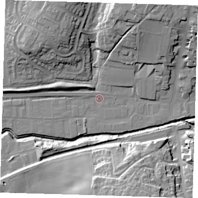 Shaded relief map of the ground around TN221BA, computed from Environment Agency LiDAR. The ground here sits at about 20 m above sea level and falls 33 m across the surrounding 800 m. Surface water reaching this point runs off ground lying to the west-north-west, 1.3 m higher.