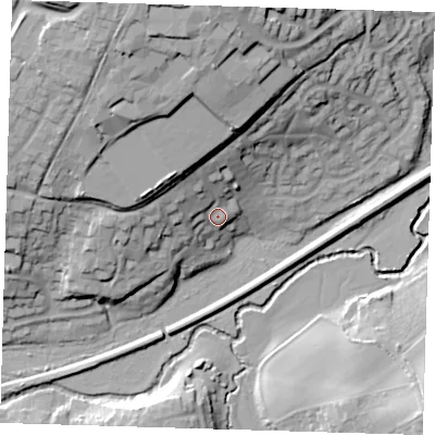 Shaded relief map of the ground around TN221EY, computed from Environment Agency LiDAR. The ground here sits at about 28 m above sea level and falls 37 m across the surrounding 800 m. Surface water reaching this point runs off ground lying to the north-west, 16.5 m higher.
