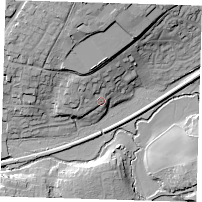 Shaded relief map of the ground around TN221FB, computed from Environment Agency LiDAR. The ground here sits at about 28 m above sea level and falls 36 m across the surrounding 800 m. Surface water reaching this point runs off ground lying to the north-north-west, 9.8 m higher.