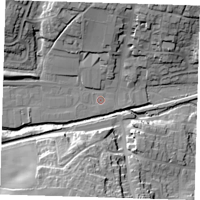 Shaded relief map of the ground around TN221FL, computed from Environment Agency LiDAR. The ground here sits at about 19 m above sea level and falls 35 m across the surrounding 800 m. Surface water reaching this point runs off ground lying to the north, 13.7 m higher.
