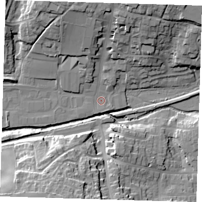 Shaded relief map of the ground around TN221PU, computed from Environment Agency LiDAR. The ground here sits at about 20 m above sea level and falls 34 m across the surrounding 800 m. Surface water reaching this point runs off ground lying to the north-north-east, 22.8 m higher.