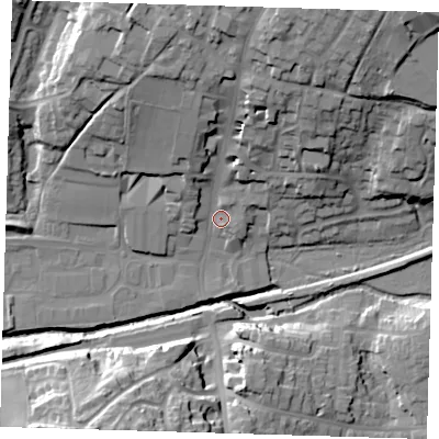 Shaded relief map of the ground around TN221PX, computed from Environment Agency LiDAR. The ground here sits at about 22 m above sea level and falls 32 m across the surrounding 800 m. Surface water reaching this point runs off ground lying to the north-north-east, 25.3 m higher.