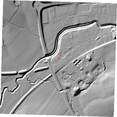 Shaded relief map of the ground around TN221QG, computed from Environment Agency LiDAR. The ground here sits at about 19 m above sea level and falls 22 m across the surrounding 800 m. Surface water reaching this point runs off ground lying to the east-north-east, 8.8 m higher.
