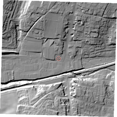 Shaded relief map of the ground around TN221QJ, computed from Environment Agency LiDAR. The ground here sits at about 20 m above sea level and falls 32 m across the surrounding 800 m. Surface water reaching this point runs off ground lying to the north, 7.2 m higher.