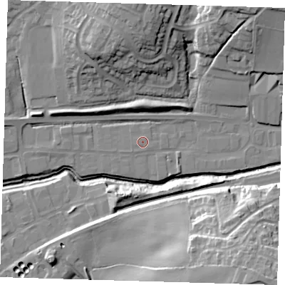 Shaded relief map of the ground around TN221QL, computed from Environment Agency LiDAR. The ground here sits at about 20 m above sea level and falls 35 m across the surrounding 800 m. The ground contributing surface water to this point lies to the north-east.