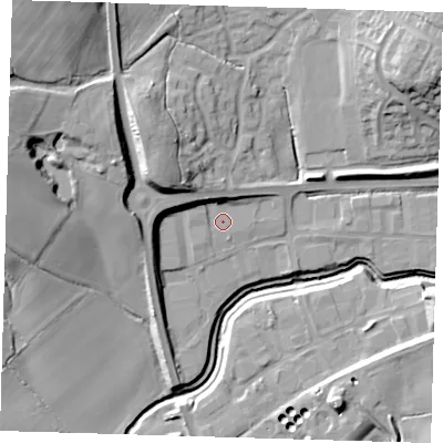 Shaded relief map of the ground around TN221QW, computed from Environment Agency LiDAR. The ground here sits at about 20 m above sea level and falls 28 m across the surrounding 800 m. Surface water reaching this point runs off ground lying to the north-west, 6.2 m higher.