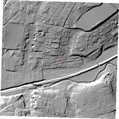 Shaded relief map of the ground around TN221QY, computed from Environment Agency LiDAR. The ground here sits at about 24 m above sea level and falls 32 m across the surrounding 800 m. Surface water reaching this point runs off ground lying to the north-north-west, 7.6 m higher.