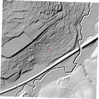 Shaded relief map of the ground around TN221XJ, computed from Environment Agency LiDAR. The ground here sits at about 27 m above sea level and falls 42 m across the surrounding 800 m. Surface water reaching this point runs off ground lying to the north-north-west, 22.4 m higher.