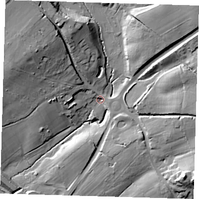Shaded relief map of the ground around TN222ED, computed from Environment Agency LiDAR. The ground here sits at about 28 m above sea level and falls 28 m across the surrounding 800 m. Surface water reaching this point runs off ground lying to the north-east, 20.5 m higher.