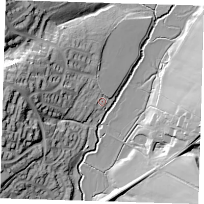 Shaded relief map of the ground around TN223DL, computed from Environment Agency LiDAR. The ground here sits at about 24 m above sea level and falls 36 m across the surrounding 800 m. Surface water reaching this point runs off ground lying to the west, 31.1 m higher.