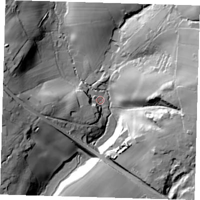 Shaded relief map of the ground around TN223EL, computed from Environment Agency LiDAR. The ground here sits at about 42 m above sea level and falls 38 m across the surrounding 800 m. Surface water reaching this point runs off ground lying to the east, 37.6 m higher.