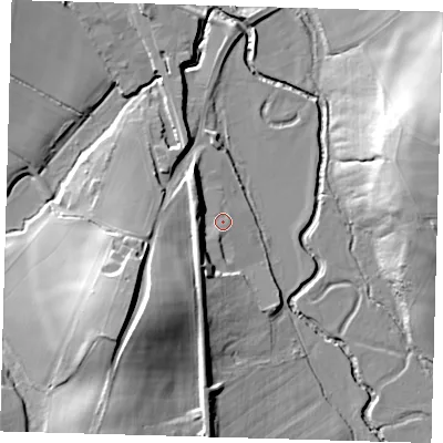 Shaded relief map of the ground around TN223FB, computed from Environment Agency LiDAR. The ground here sits at about 20 m above sea level and falls 25 m across the surrounding 800 m. Surface water reaching this point runs off ground lying to the south-west, 6.9 m higher.