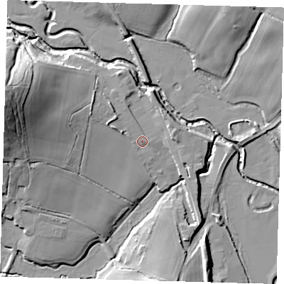Shaded relief map of the ground around TN223HQ, computed from Environment Agency LiDAR. The ground here sits at about 22 m above sea level and falls 27 m across the surrounding 800 m. Surface water reaching this point runs off ground lying to the west-north-west, 5.1 m higher.