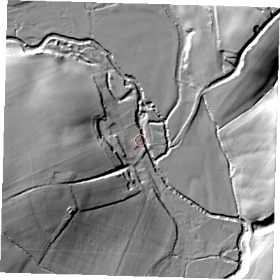 Shaded relief map of the ground around TN223PX, computed from Environment Agency LiDAR. The ground here sits at about 15 m above sea level and falls 30 m across the surrounding 800 m. Surface water reaching this point runs off ground lying to the west, 19.9 m higher.