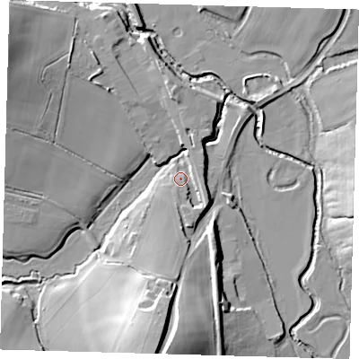 Shaded relief map of the ground around TN223QE, computed from Environment Agency LiDAR. The ground here sits at about 21 m above sea level and falls 23 m across the surrounding 800 m. Surface water reaching this point runs off ground lying to the south-east, 4.1 m higher.