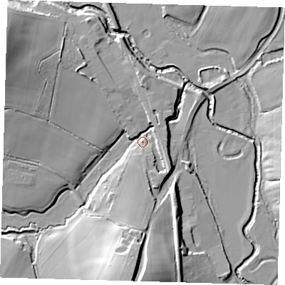 Shaded relief map of the ground around TN223QG, computed from Environment Agency LiDAR. The ground here sits at about 20 m above sea level and falls 23 m across the surrounding 800 m. Surface water reaching this point runs off ground lying to the west-north-west, 15.8 m higher.
