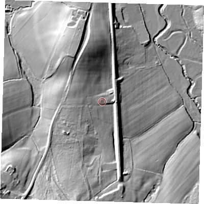 Shaded relief map of the ground around TN223QT, computed from Environment Agency LiDAR. The ground here sits at about 29 m above sea level and falls 26 m across the surrounding 800 m. Surface water reaching this point runs off ground lying to the south-south-west, 14.1 m higher.