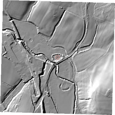 Shaded relief map of the ground around TN223QU, computed from Environment Agency LiDAR. The ground here sits at about 18 m above sea level and falls 25 m across the surrounding 800 m. Surface water reaching this point runs off ground lying to the south-south-west, 2.9 m higher.