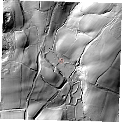 Shaded relief map of the ground around TN223RL, computed from Environment Agency LiDAR. The ground here sits at about 42 m above sea level and falls 41 m across the surrounding 800 m. Surface water reaching this point runs off ground lying to the north-east, 36.4 m higher.