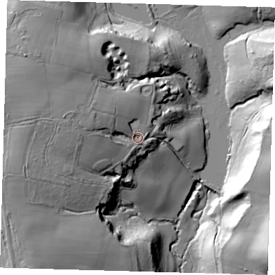Shaded relief map of the ground around TN223RN, computed from Environment Agency LiDAR. The ground here sits at about 52 m above sea level and falls 41 m across the surrounding 800 m. Surface water reaching this point runs off ground lying to the west-north-west, 16.1 m higher.
