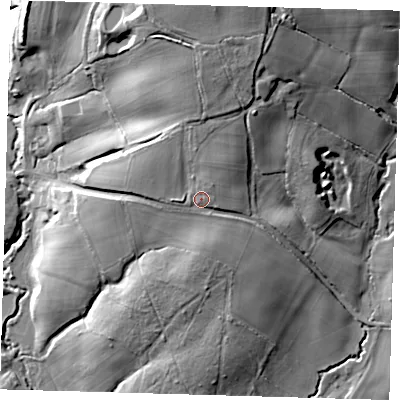 Shaded relief map of the ground around TN223SA, computed from Environment Agency LiDAR. The ground here sits at about 43 m above sea level and falls 36 m across the surrounding 800 m. Surface water reaching this point runs off ground lying to the north-east, 3.1 m higher.