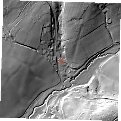 Shaded relief map of the ground around TN223XA, computed from Environment Agency LiDAR. The ground here sits at about 18 m above sea level and falls 40 m across the surrounding 800 m. Surface water reaching this point runs off ground lying to the north-north-east, 22.1 m higher.
