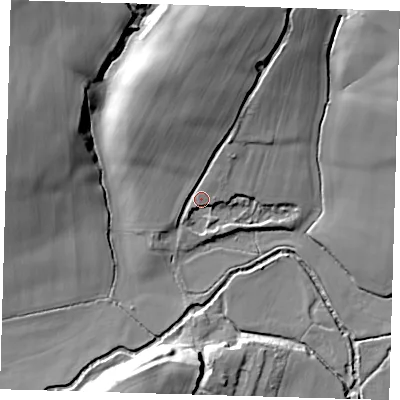 Shaded relief map of the ground around TN223XG, computed from Environment Agency LiDAR. The ground here sits at about 15 m above sea level and falls 21 m across the surrounding 800 m. Surface water reaching this point runs off ground lying to the north, 17.7 m higher.