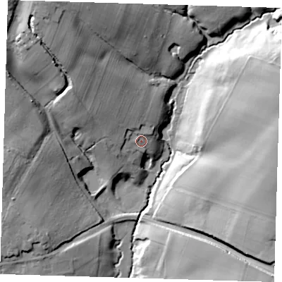 Shaded relief map of the ground around TN224AU, computed from Environment Agency LiDAR. The ground here sits at about 41 m above sea level and falls 35 m across the surrounding 800 m. Surface water reaching this point runs off ground lying to the north-west, 3.5 m higher.