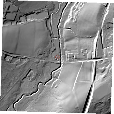 Shaded relief map of the ground around TN224DP, computed from Environment Agency LiDAR. The ground here sits at about 27 m above sea level and falls 35 m across the surrounding 800 m. Surface water reaching this point runs off ground lying to the west-north-west, 6.8 m higher.