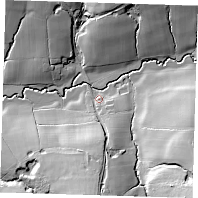 Shaded relief map of the ground around TN224DY, computed from Environment Agency LiDAR. The ground here sits at about 46 m above sea level and falls 38 m across the surrounding 800 m. Surface water reaching this point runs off ground lying to the south, 21.0 m higher.