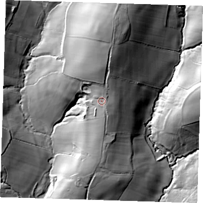 Shaded relief map of the ground around TN224ET, computed from Environment Agency LiDAR. The ground here sits at about 95 m above sea level and falls 48 m across the surrounding 800 m. Surface water reaching this point runs off ground lying to the north, 16.6 m higher.