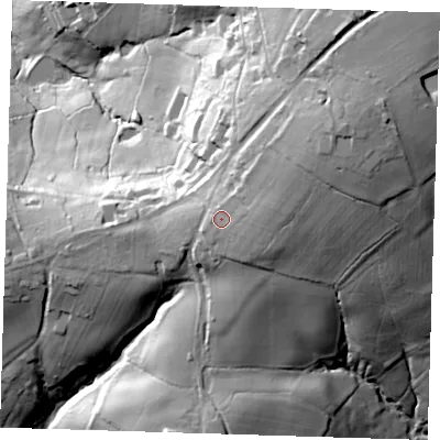 Shaded relief map of the ground around TN224PJ, computed from Environment Agency LiDAR. The ground here sits at about 105 m above sea level and falls 72 m across the surrounding 800 m. Surface water reaching this point runs off ground lying to the east-north-east, 6.4 m higher.