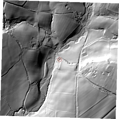 Shaded relief map of the ground around TN224PX, computed from Environment Agency LiDAR. The ground here sits at about 50 m above sea level and falls 54 m across the surrounding 800 m. Surface water reaching this point runs off ground lying to the south-east, 19.4 m higher.