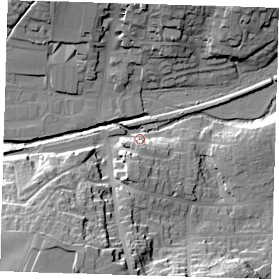 Shaded relief map of the ground around TN225AA, computed from Environment Agency LiDAR. The ground here sits at about 21 m above sea level and falls 34 m across the surrounding 800 m. Surface water reaching this point runs off ground lying to the south, 29.6 m higher.