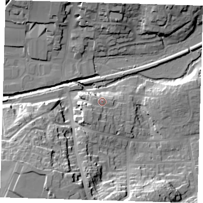 Shaded relief map of the ground around TN225AB, computed from Environment Agency LiDAR. The ground here sits at about 30 m above sea level and falls 34 m across the surrounding 800 m. Surface water reaching this point runs off ground lying to the south-west, 4.8 m higher.