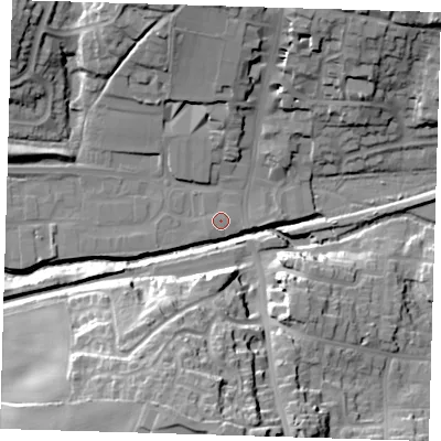 Shaded relief map of the ground around TN225DQ, computed from Environment Agency LiDAR. The ground here sits at about 20 m above sea level and falls 35 m across the surrounding 800 m. Surface water reaching this point runs off ground lying to the north-north-east, 0.6 m higher.