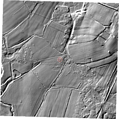 Shaded relief map of the ground around TN225FA, computed from Environment Agency LiDAR. The ground here sits at about 10 m above sea level and falls 17 m across the surrounding 800 m. Surface water reaching this point runs off ground lying to the east-north-east, 0.6 m higher.