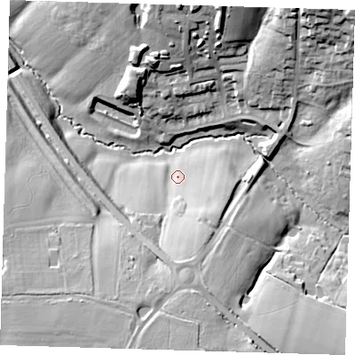 Shaded relief map of the ground around TN225FJ, computed from Environment Agency LiDAR. The ground here sits at about 23 m above sea level and falls 32 m across the surrounding 800 m. Surface water reaching this point runs off ground lying to the south, 14.9 m higher.