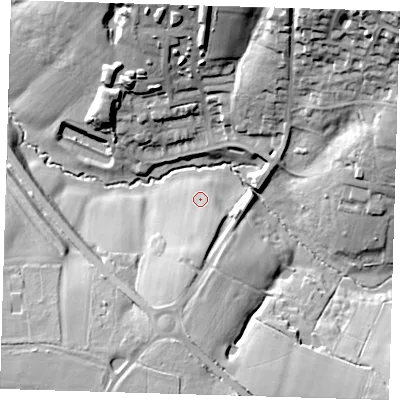Shaded relief map of the ground around TN225FP, computed from Environment Agency LiDAR. The ground here sits at about 25 m above sea level and falls 37 m across the surrounding 800 m. Surface water reaching this point runs off ground lying to the south, 5.6 m higher.