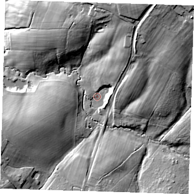 Shaded relief map of the ground around TN225GJ, computed from Environment Agency LiDAR. The ground here sits at about 38 m above sea level and falls 30 m across the surrounding 800 m. Surface water reaching this point runs off ground lying to the north-north-east, 28.8 m higher.