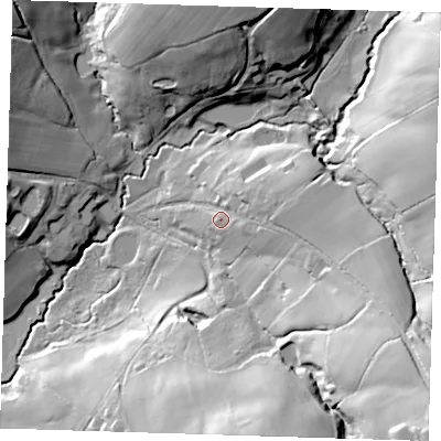 Shaded relief map of the ground around TN225HP, computed from Environment Agency LiDAR. The ground here sits at about 54 m above sea level and falls 43 m across the surrounding 800 m. Surface water reaching this point runs off ground lying to the east-south-east, 17.8 m higher.