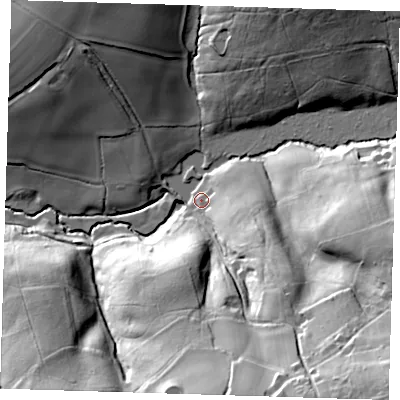 Shaded relief map of the ground around TN225LU, computed from Environment Agency LiDAR. The ground here sits at about 42 m above sea level and falls 52 m across the surrounding 800 m. Surface water reaching this point runs off ground lying to the south-east, 46.8 m higher.