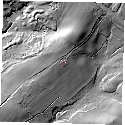 Shaded relief map of the ground around TN225QP, computed from Environment Agency LiDAR. The ground here sits at about 41 m above sea level and falls 29 m across the surrounding 800 m. Surface water reaching this point runs off ground lying to the north-north-east, 6.0 m higher.