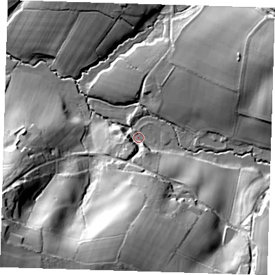 Shaded relief map of the ground around TN225QQ, computed from Environment Agency LiDAR. The ground here sits at about 35 m above sea level and falls 38 m across the surrounding 800 m. Surface water reaching this point runs off ground lying to the south, 31.4 m higher.